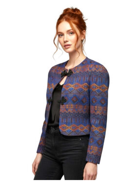 Vintage 80s Blue Copper Jacquard Cropped Evening Jacket,M, Frog Closure Boutique